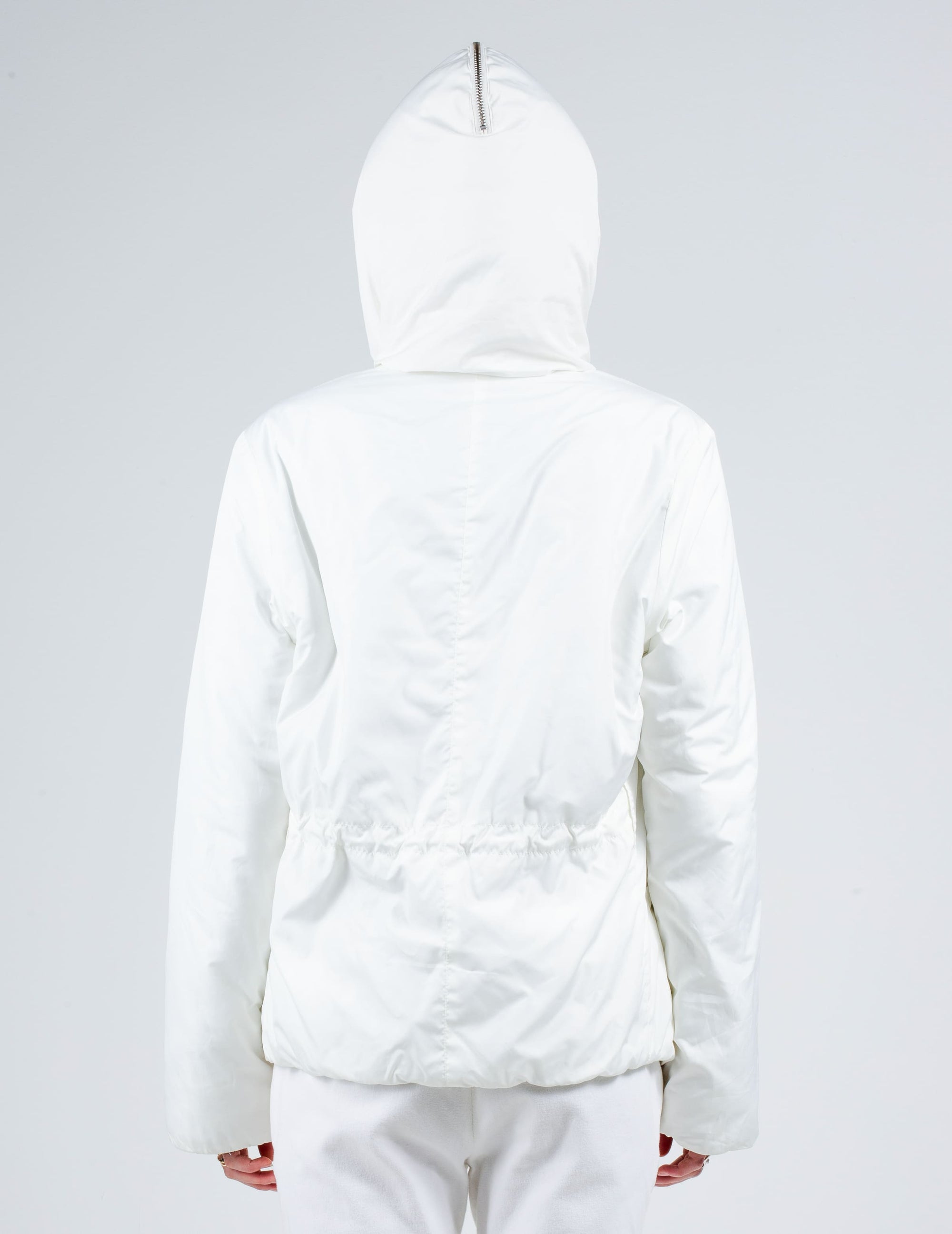 Back View With Hood Up of White Armani Bondage Jacket