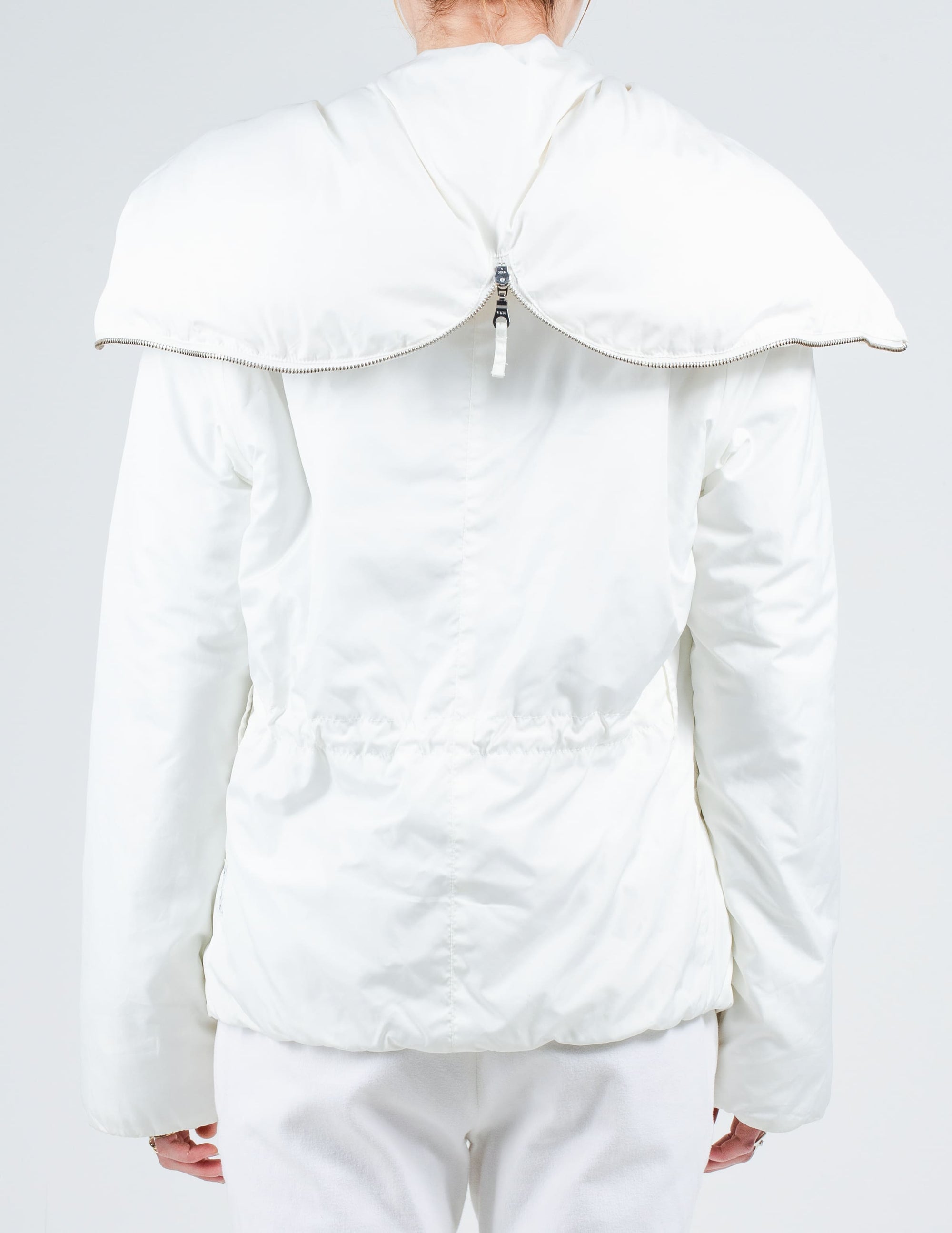 Back View of White Armani Bondage Jacket With Hood Zipped Apart