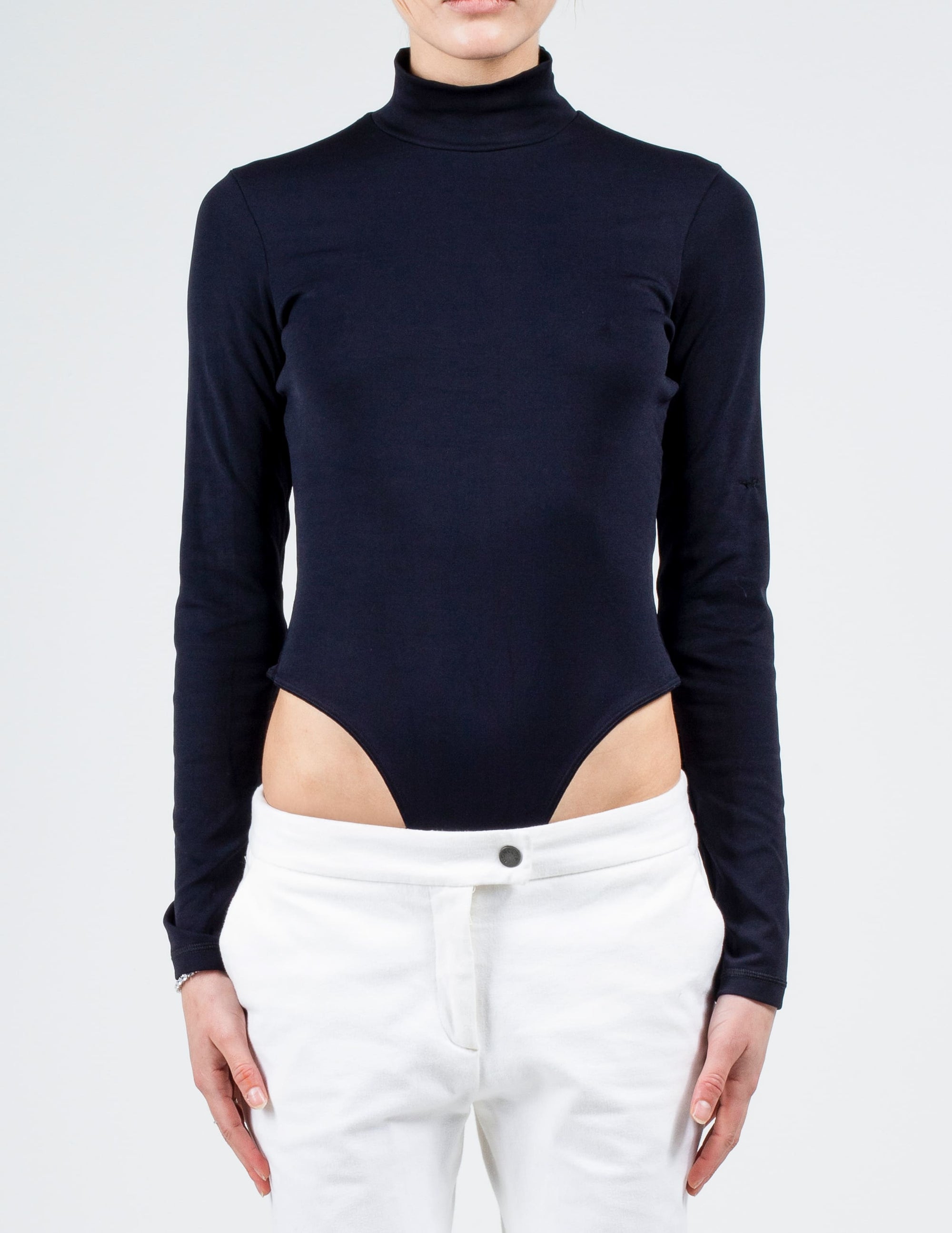 Front View of Black Longsleeved Marithé+François Girbaud Bodysuit